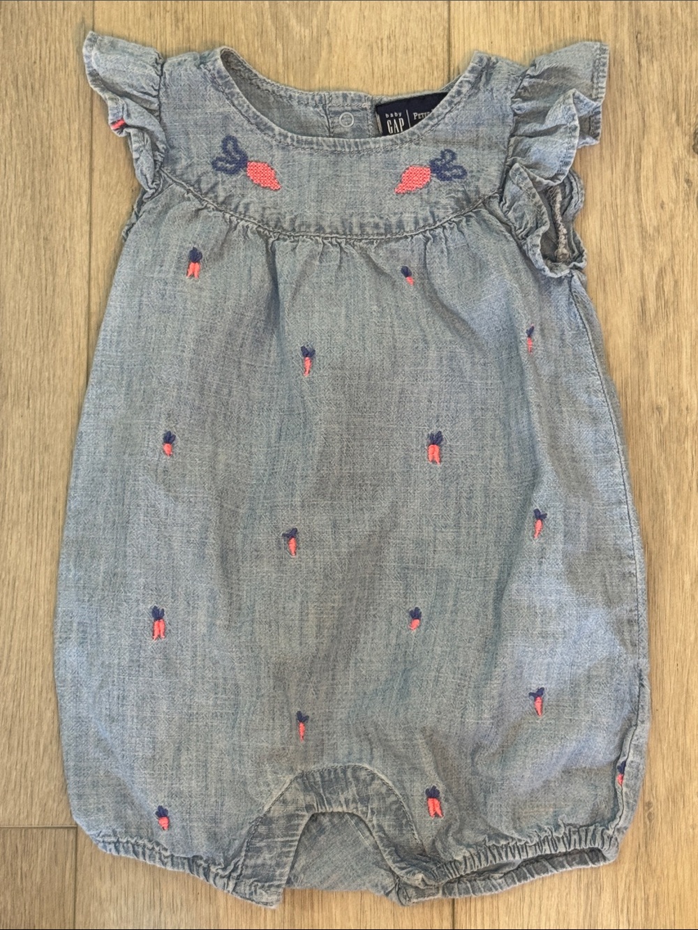 GAP x Peter Rabbit Chambray Romper with Coral and Navy Carrot Embroidery